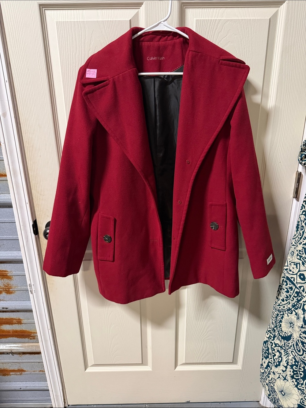 Calvin Klein Women's Red Pea Coat with Notched Collar